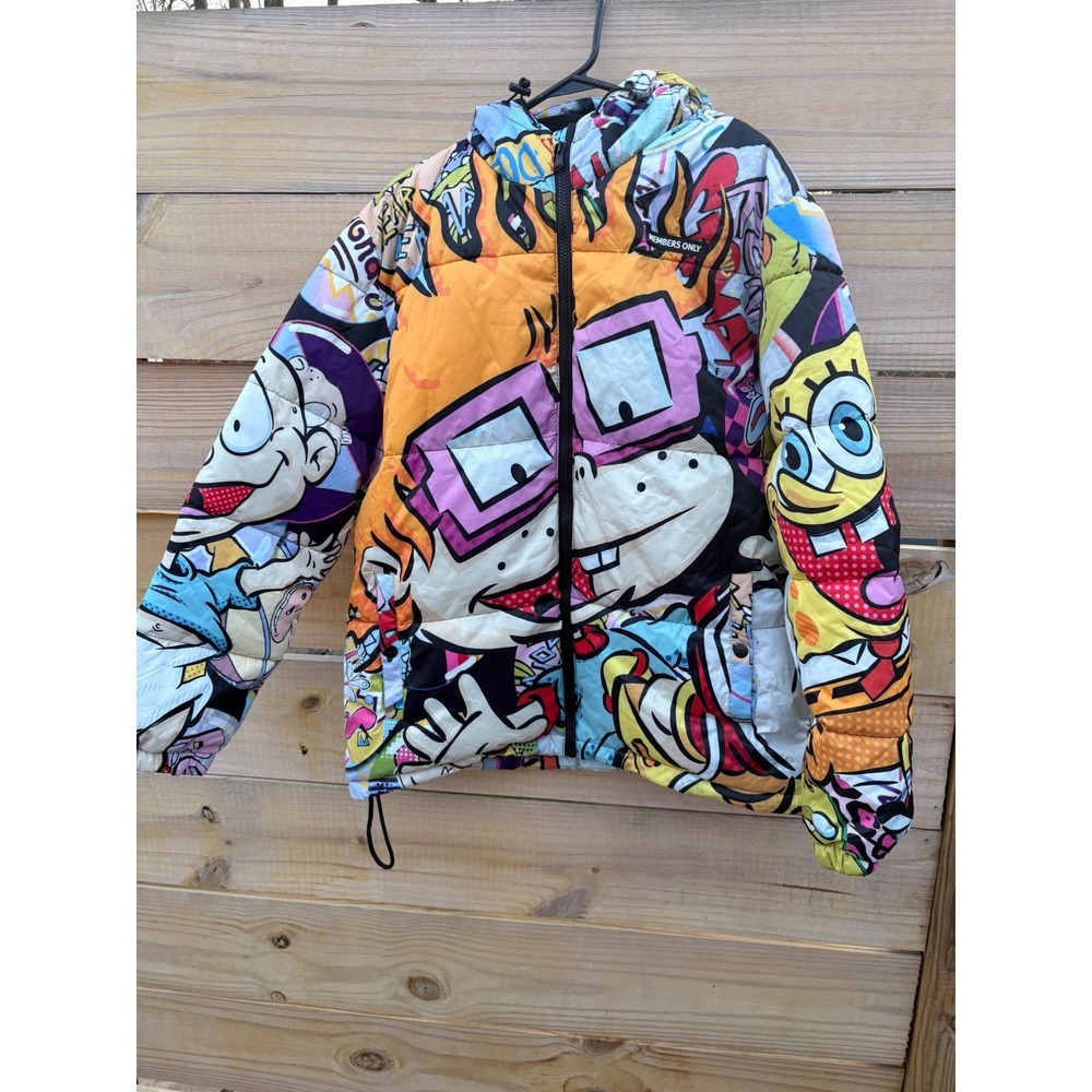 Members Only x Nickelodeon Puffer Jacket Mens Medium 90s Cartoon Print MN070141